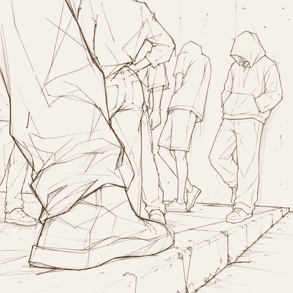 Rough pencil sketch of figures on a sidewalk near a wall