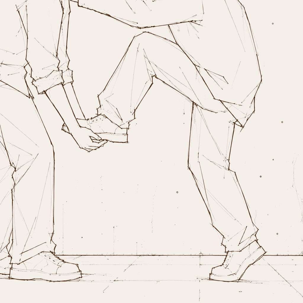 Rough pencil sketch of figures on a sidewalk near a wall. One is providing the other a boost with his hands