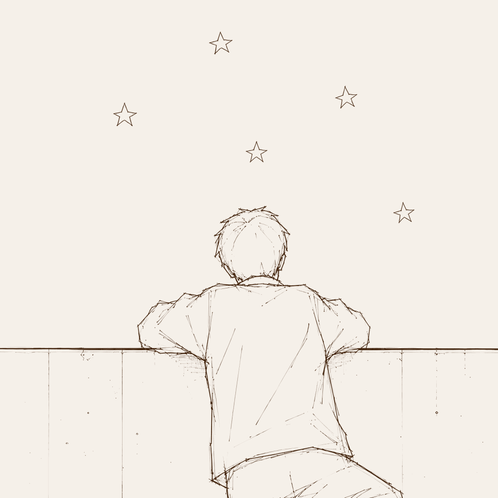 Rough pencil sketch of a figure leaning over a wall to look at the stars